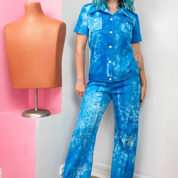 Vintage 70s Blue Tie Dye Polyester Pant Suit - Picture 2 of 11
